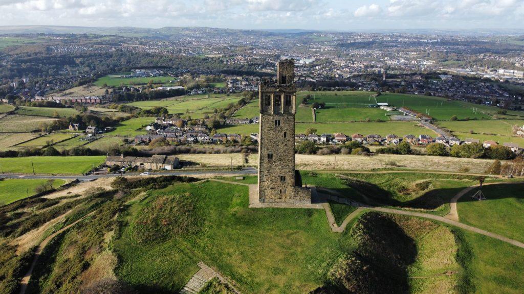 Drone photograph of Castle Hill, Hudderfsfield
